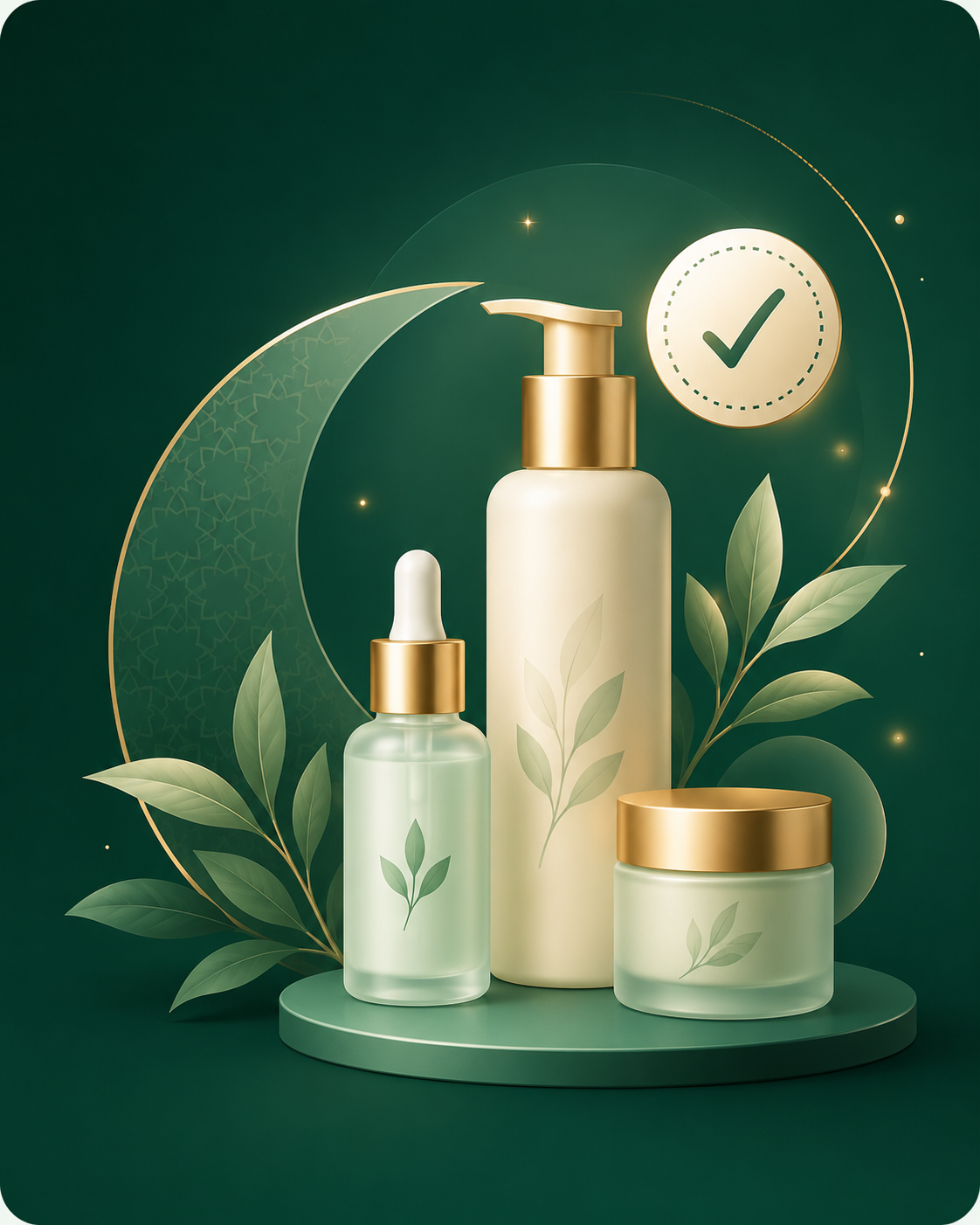 Mỹ phẩm chăm sóc da được bố trí cùng lá xanh
